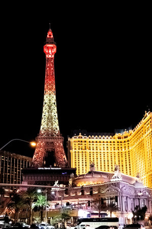 Las Vegas Strip and Paris Hotel Casino at night - Las Vegas, Nevada, USAのeditorial素材