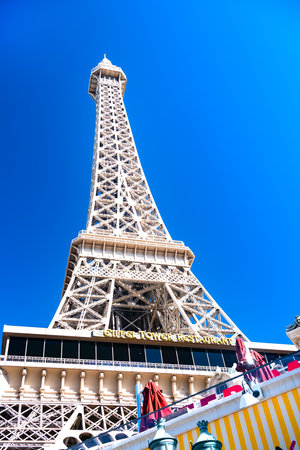 Eiffel Tower restaurant at the foot of the replica Eiffel Tower in Las Vegas. View from bottom to top.のeditorial素材