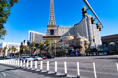 Eiffel Tower and cars on Main Street Las Vegas.