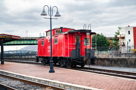 vintage red carriage at the Cumberland Maryland Railroad Station,の写真素材
