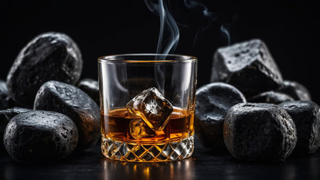 glass of whiskey with ice among gray wet stones.の素材