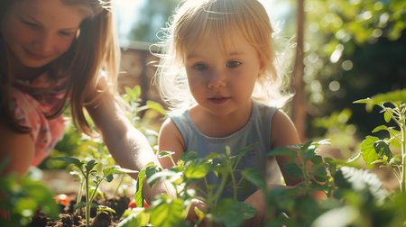 little sisters take care of seedlings in the garden. Little helpers. Spring sunny in the backyard.の素材