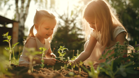 little sisters take care of seedlings in the garden. Little helpers. Spring sunny in the backyard.の素材