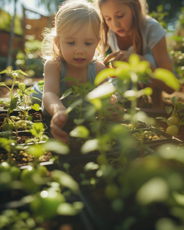 Kids take care of seedlings in the garden. Little helpers.の素材