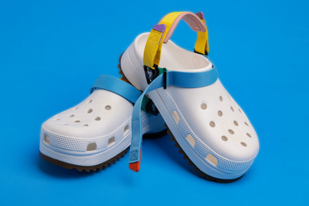 White Croc slippers with straps on a blue background. Comfortable unisex beach shoes.
