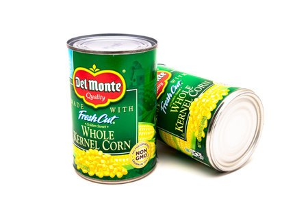 Can of Del Monte fresh golden sweet whole kernel corn on white background.のeditorial素材