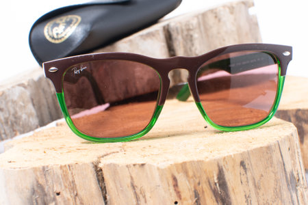 Ray-Ban sunglasses with green frame on a wooden stump.のeditorial素材