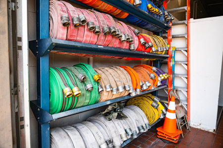 Fire hoses of different colors are stacked in rows on a fire rack.