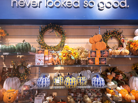 Halloween goods on store counters. Decorations and holiday trade.のeditorial素材
