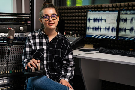 Cute young woman radio host in recording studio. Portrait in workspace.