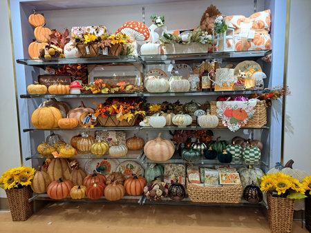 Store counter with merchandise for the fall traditional fall holidays of Harvest, Thanksgiving and Halloween.のeditorial素材