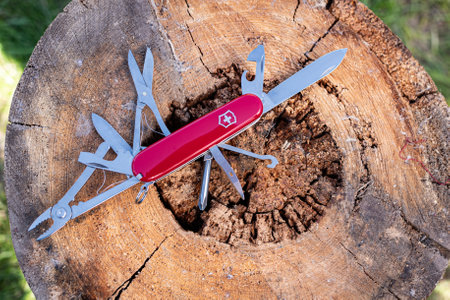 Army Swiss folding knife on a wooden stump.