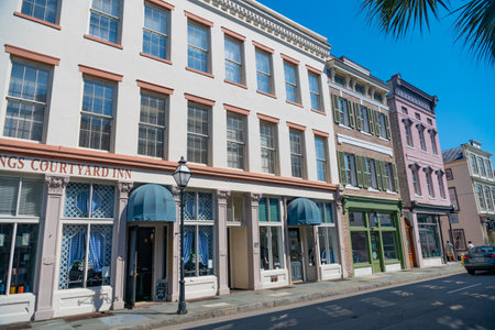 Rows of magnificent old buildings in historic downtown Charleston, South Carolina.のeditorial素材