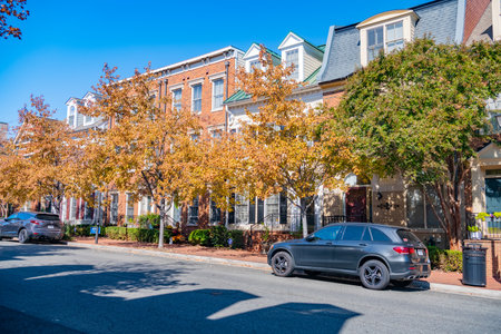 The facade of a modern brick townhouse in Alexandria Virginia.のeditorial素材