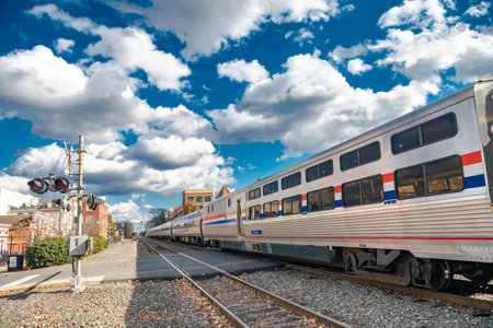 Virginia Railway Express train at the train station in Manassas, Virginia, Under a gorgeous blue sky...