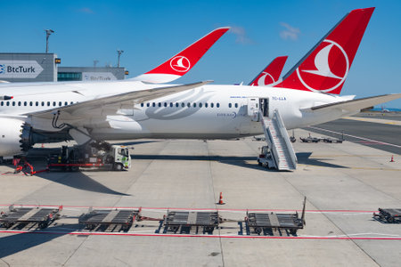 An airliner with Turkish Airlines emblem outside the airport,のeditorial素材