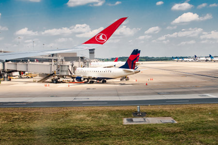 An airliner with Turkish Airlines emblem outside the airport,のeditorial素材