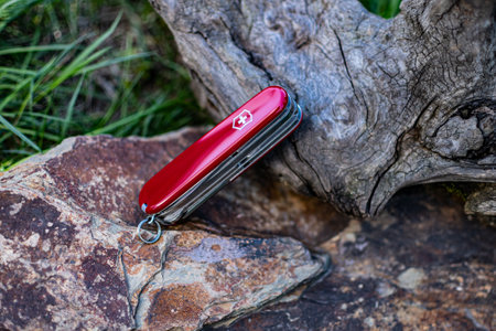 red Victorinox classic pocket pocket folding Swiss knife with closed blades rests on a stone.