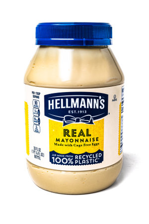 Hellmann's mayonnaise. Plastic mayonnaise jar on white background.のeditorial素材