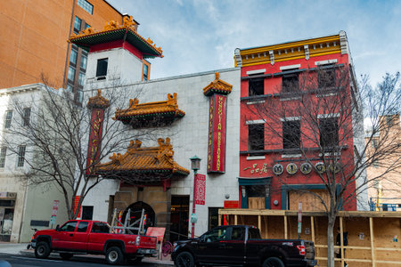 Buildings of Chinatown in Washington DC Restaurants and markets small with Chinese names.のeditorial素材