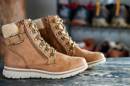 Leather boots for the modern woman. Brown women's leather boots with high lacing, zipper and strap.