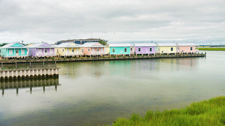 Chincoteague, a landscape of waterfront hotels and inns. Popular tourist destination on the East Coast.の写真素材