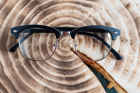 Optical glasses with diopters on a wooden stump.の写真素材