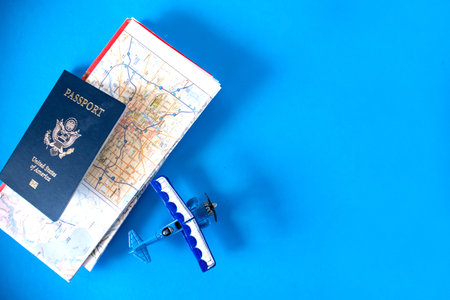 passport, airplane model and map. travel concept. Space for text.の写真素材