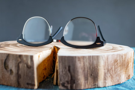 Optical glasses with diopters on a wooden stump.のeditorial素材
