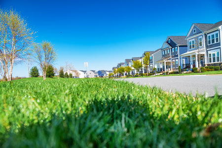 row of modern detached homes. Street view with modern homes under blue skies.の写真素材