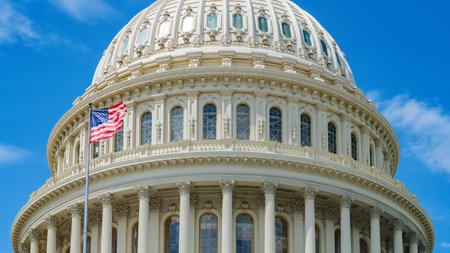 close-up of the Capitol Dome in Washington, DC and the American flag in the wind.の写真素材