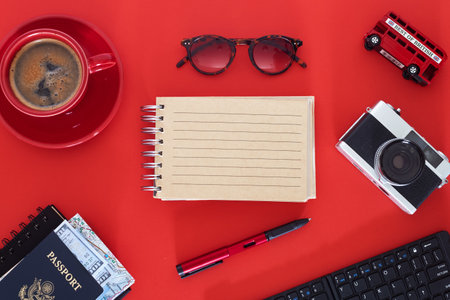 Set your sights on the next adventure. Creative composition of travel tools and ideas.の写真素材