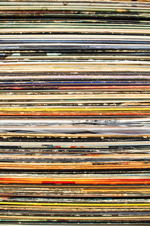 stack of vintage vinyl records. Top view. Place for text.