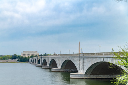 View of the Washington Monument from the Potomac River Bridge.の写真素材