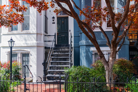 Classic Brick Townhouse Entrance in Central Washington DC. Elegant stairs and iron fence detail.