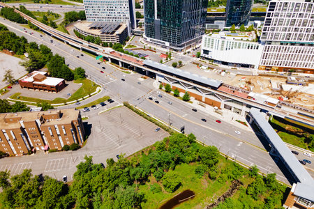 Metro station at the Modern Buildings in Tysons Corner, Fairfax County, Virginia, USA. View from a drone.の写真素材
