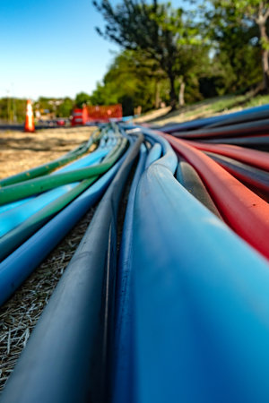 Plastic cable ducts for communication lines. Close-up.の写真素材