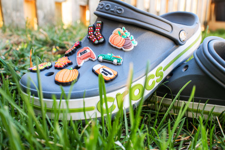 Crocs sandals with a statement design. Jibbitz inserts for shoes.のeditorial素材