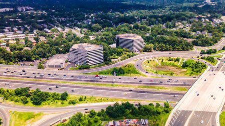 Modern City Life in Tysons Virginia Busy streets, office complexes, and suburban sprawl.