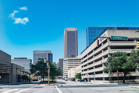 Empty American Downtown Street in Baltimore under blue Sky