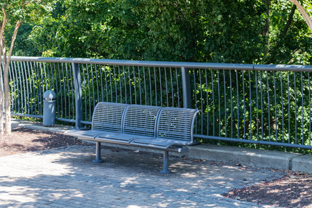Empty Metal Bench Near Green Shrubs in City Park Setting