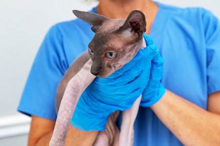 Exotic Sphynx cat under care of animal health professionalsの写真素材