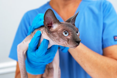 Sphynx cat standing alert during vet visit with medical staffの写真素材