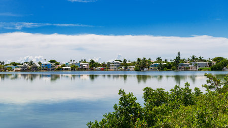 Scenic waterfront view with clear water and skyの写真素材