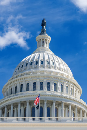 Close-Up of Capitol Dome with Waving American Flag