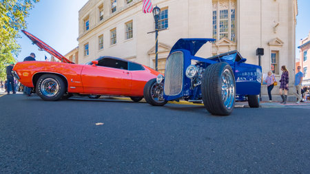 Classic muscle cars on display at bustling downtown auto event in Leesburg Virginia