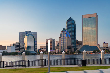 Scenic sunset cityscape of Jacksonville, Florida with modern high-rise architectureのeditorial素材