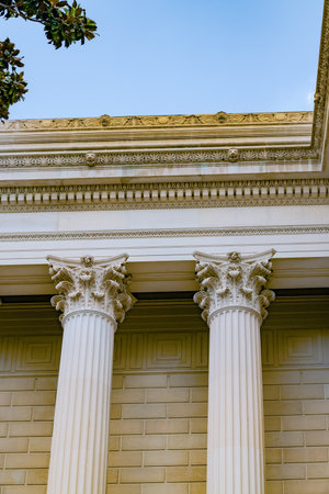 Close-up view of marble pillars and detailed cornices in central Washington. Historic architecture...