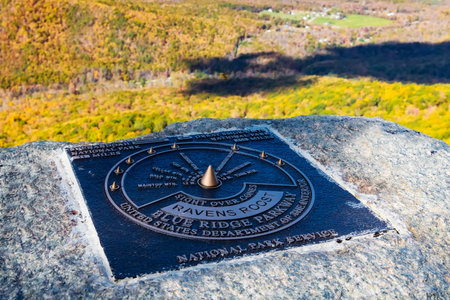 Raven's Roost plaque and Autumn landscape seen from Raven's Roost overlook, Blue Ridge Parkwayの写真素材