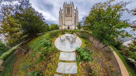 Scenic photo taken with wide lens showing Washington DC Cathedral and stone garden patio